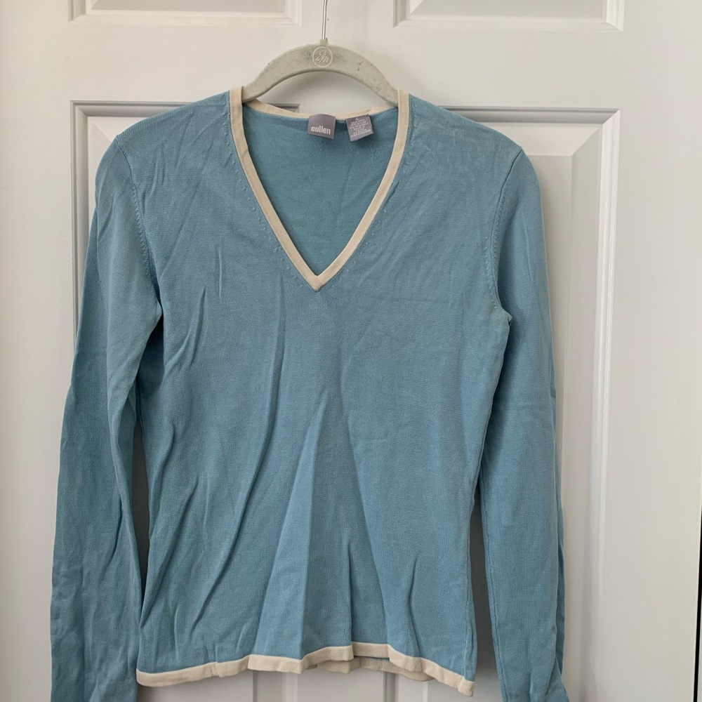 Light Blue V-Neck Silk Long Sleeve Top